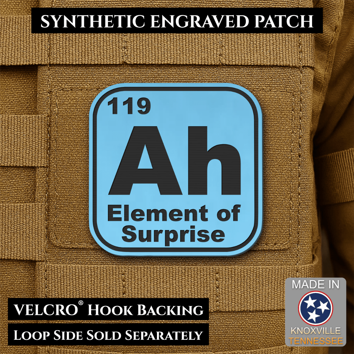 Front design and hook backing of Ah, The Element of Surprise patch in sky blue