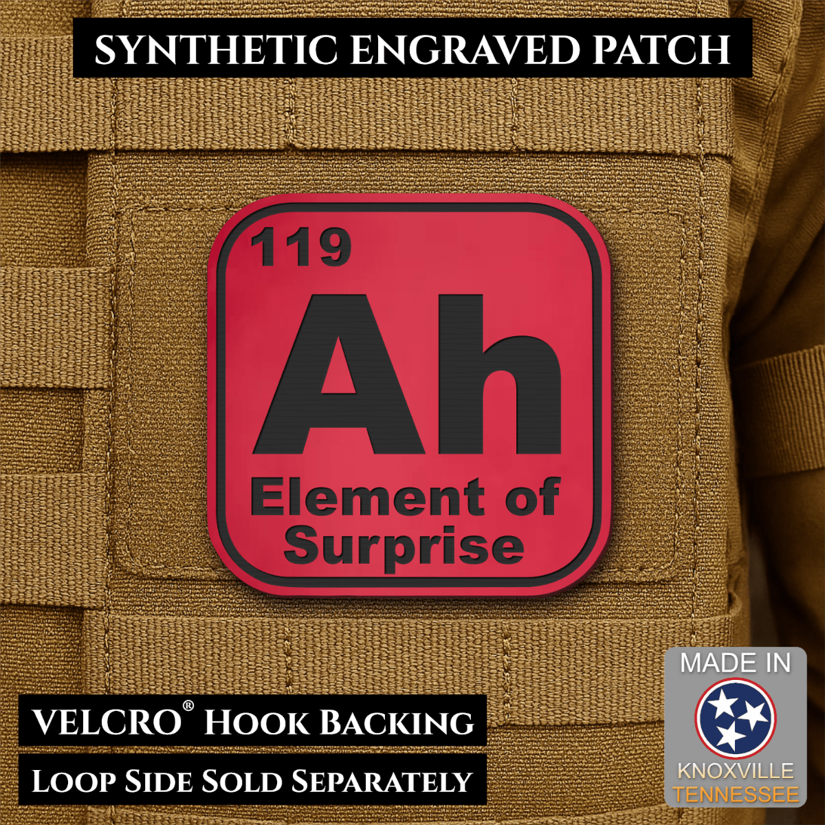 Front design and hook backing of Ah, The Element of Surprise patch in red