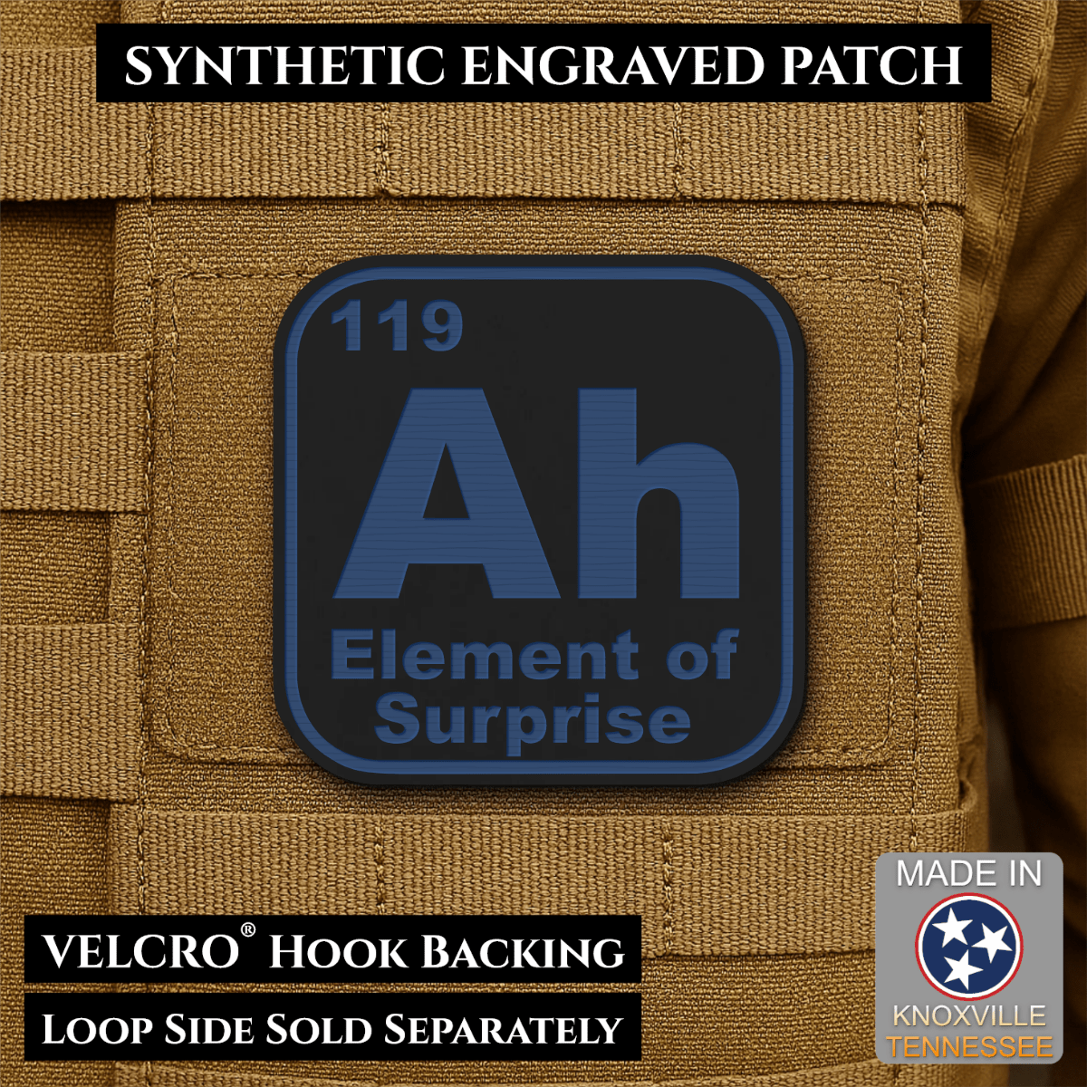 Front design and hook backing of Ah, The Element of Surprise patch in black / blue