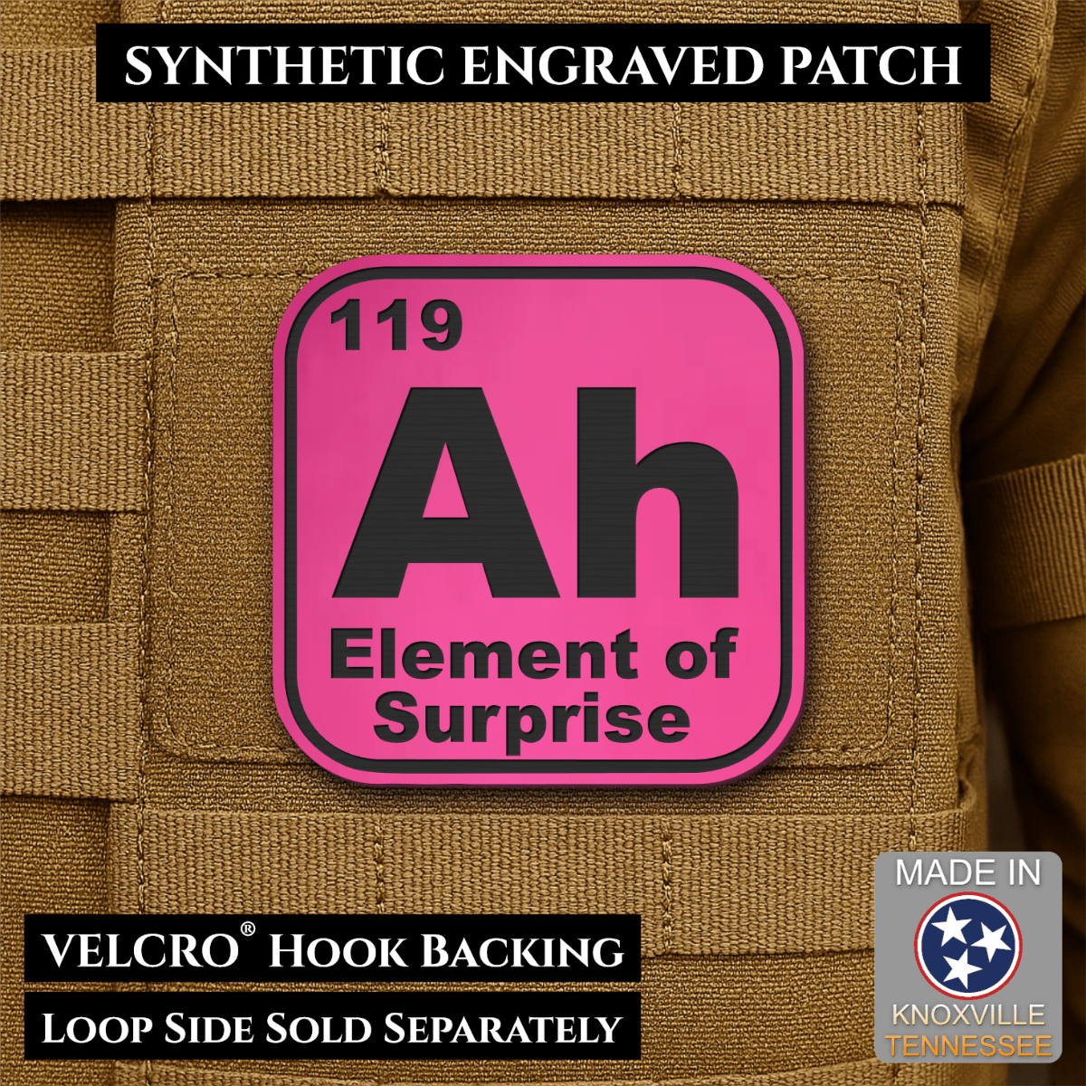 Front design and hook backing of Ah, The Element of Surprise patch in pink