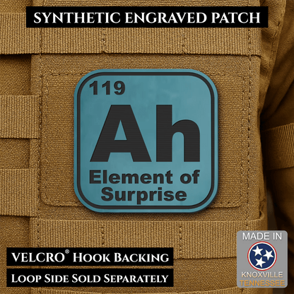 Front design and hook backing of Ah, The Element of Surprise patch in topaz blue