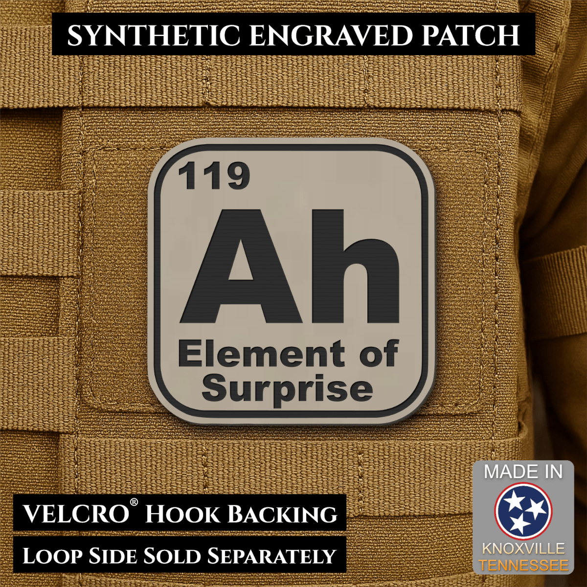 Front design and hook backing of Ah, The Element of Surprise patch in sand (light tan)