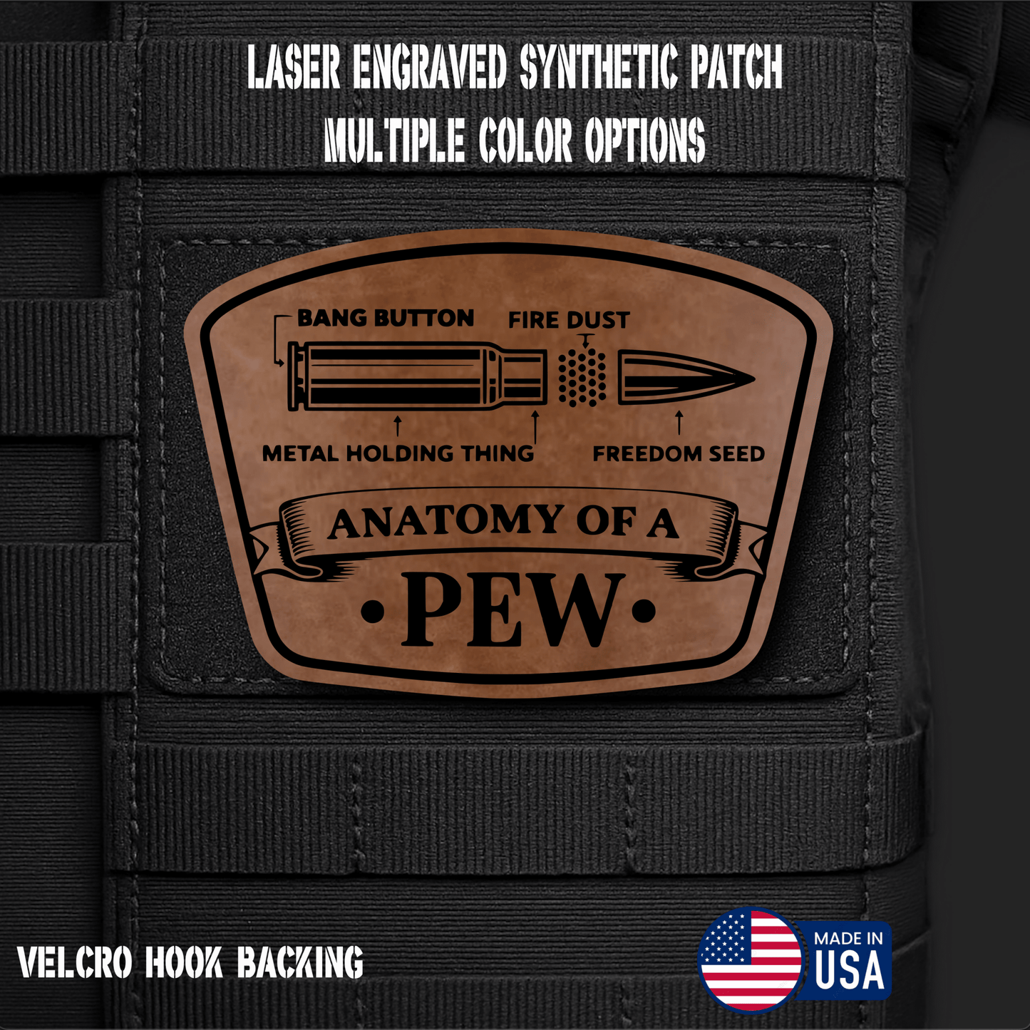 Anatomy of a Pew Funny Morale Patch | Made in USA | VELCRO® Brand Hook Backing - LoneStar Adhesive