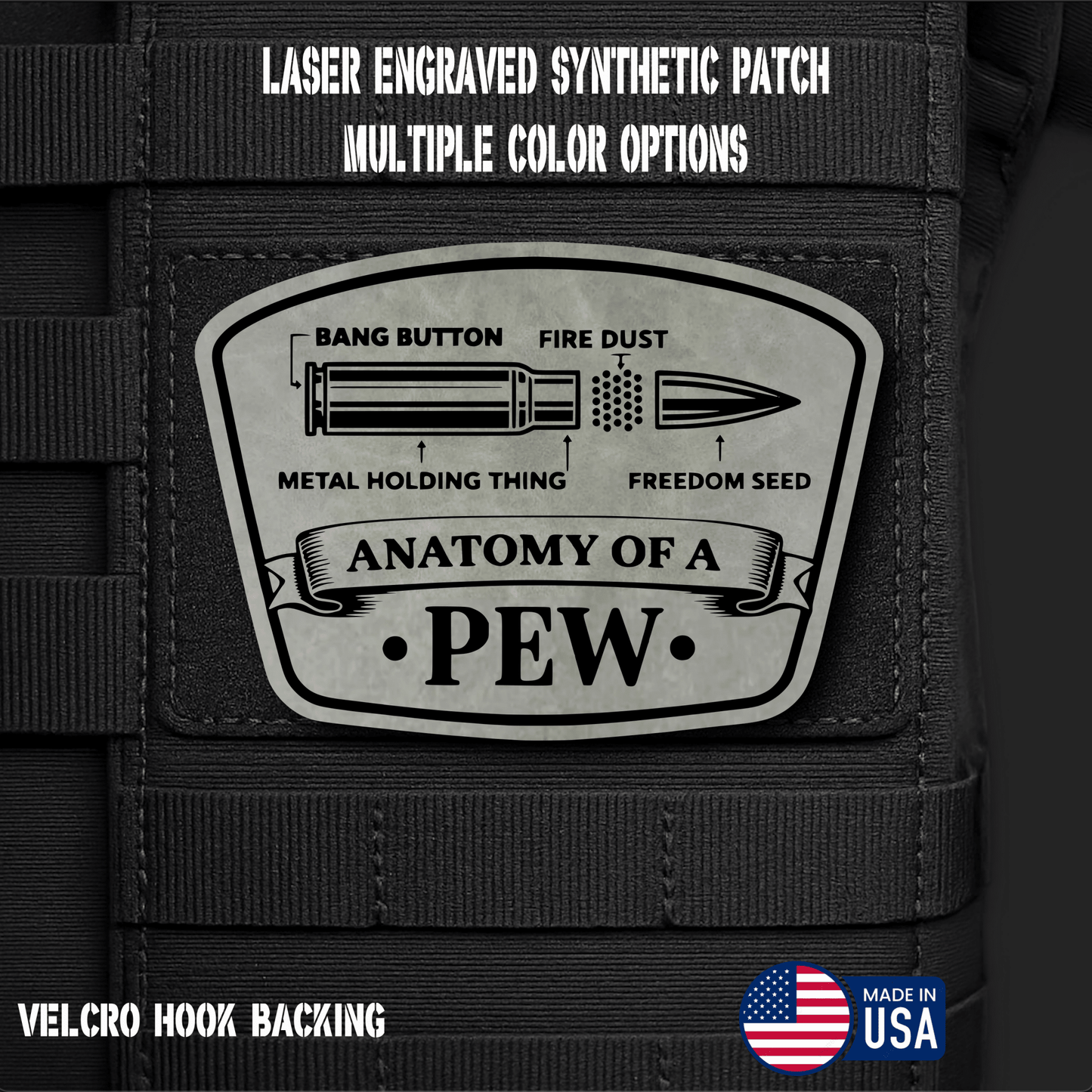 Anatomy of a Pew Funny Morale Patch | Made in USA | VELCRO® Brand Hook Backing - LoneStar Adhesive