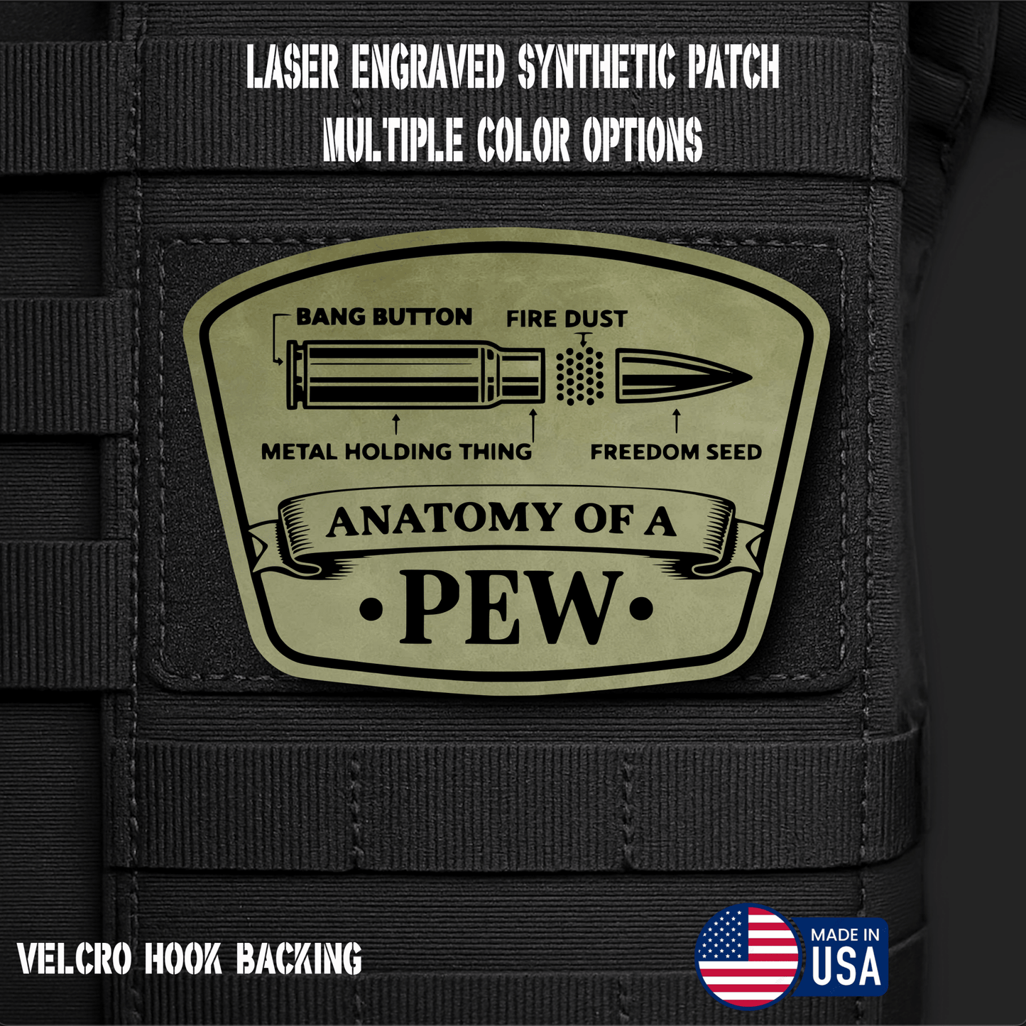 Anatomy of a Pew Funny Morale Patch | Made in USA | VELCRO® Brand Hook Backing - LoneStar Adhesive