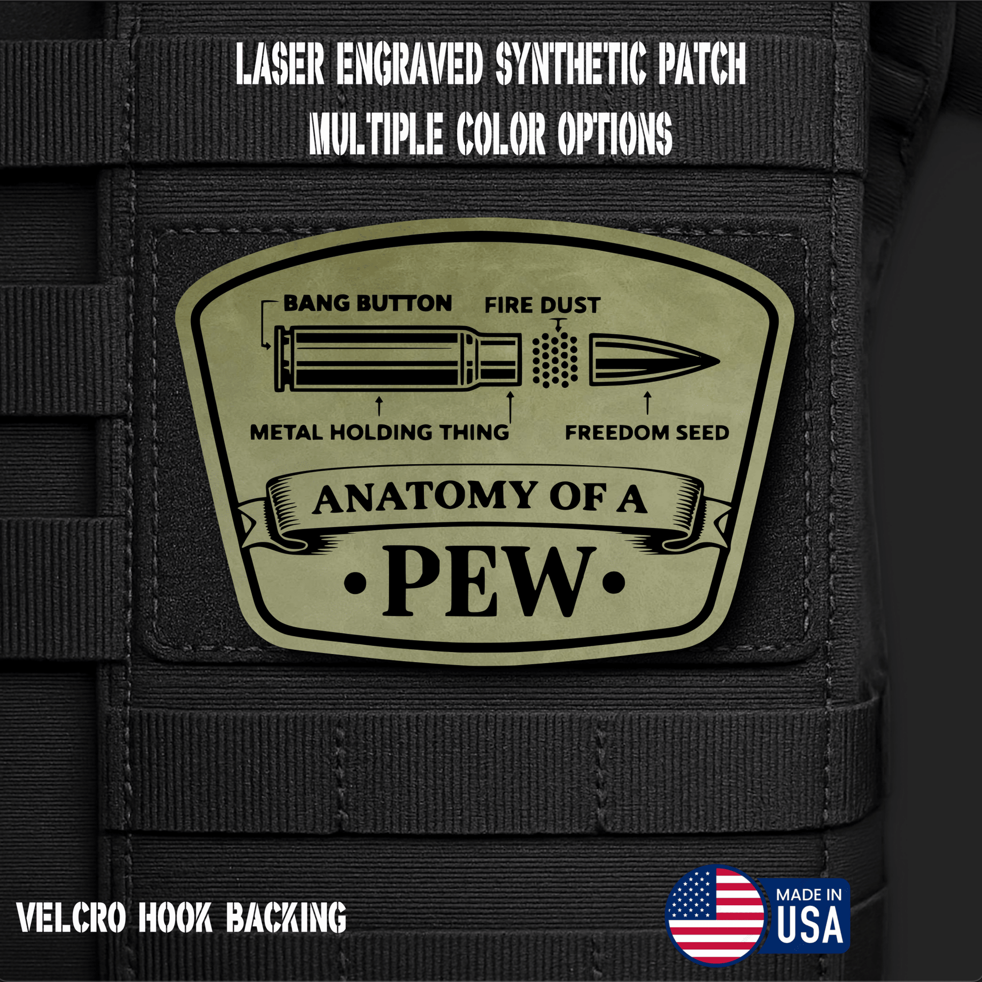 Anatomy of a Pew Funny Morale Patch | Made in USA | VELCRO® Brand Hook Backing - LoneStar Adhesive