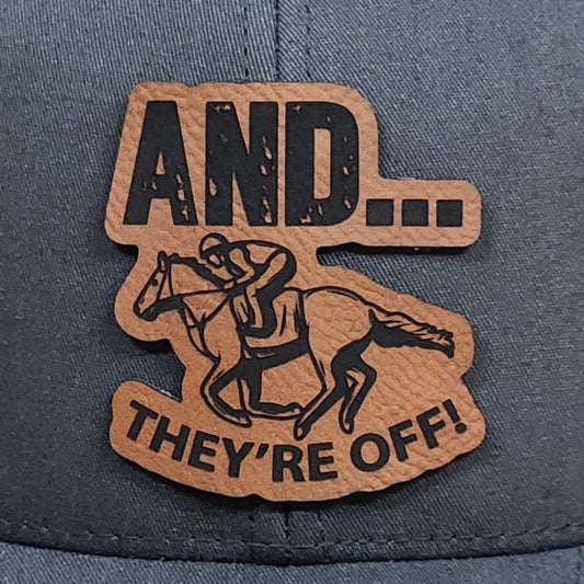 And They're Off Derby Engraved Leatherette Hat Patch - MR01 - LoneStar Adhesive