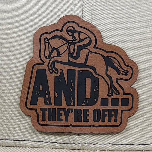 And They're Off Engraved Leatherette Hat Patch - MR01 - LoneStar Adhesive