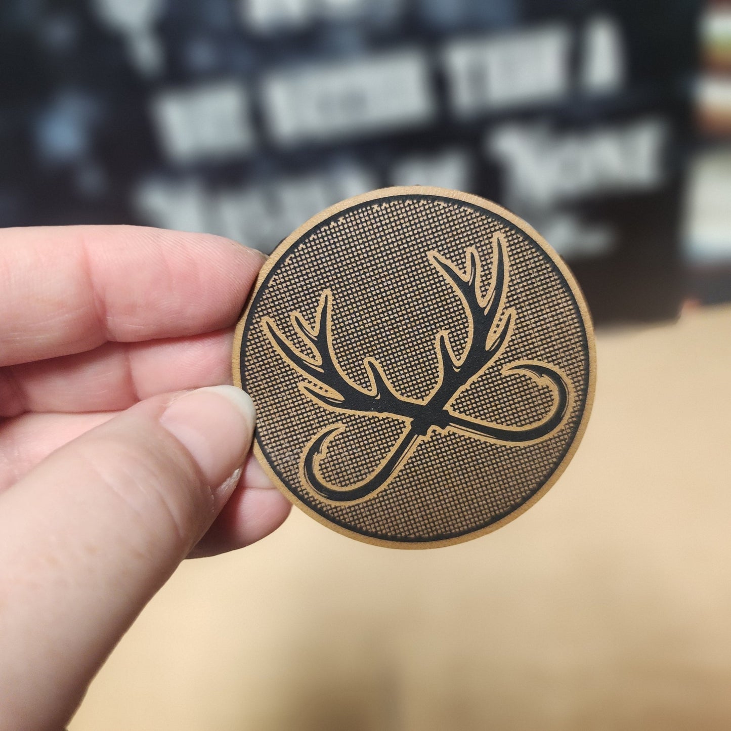 Antler Symbol Engraved Leatherette Hat Patch - MR01 - LoneStar Adhesive