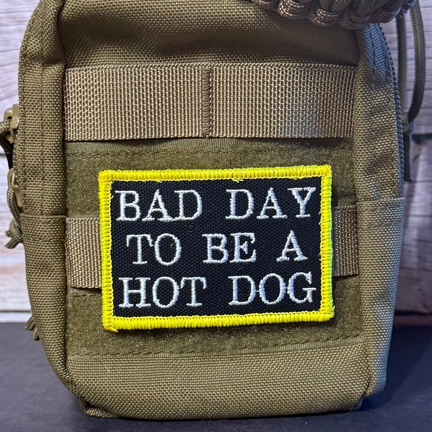 Bad Day To Be A Hot Dog Funny Morale Patch, 2x3" | Made in USA | VELCRO® Brand Hook Backing - LoneStar Adhesive