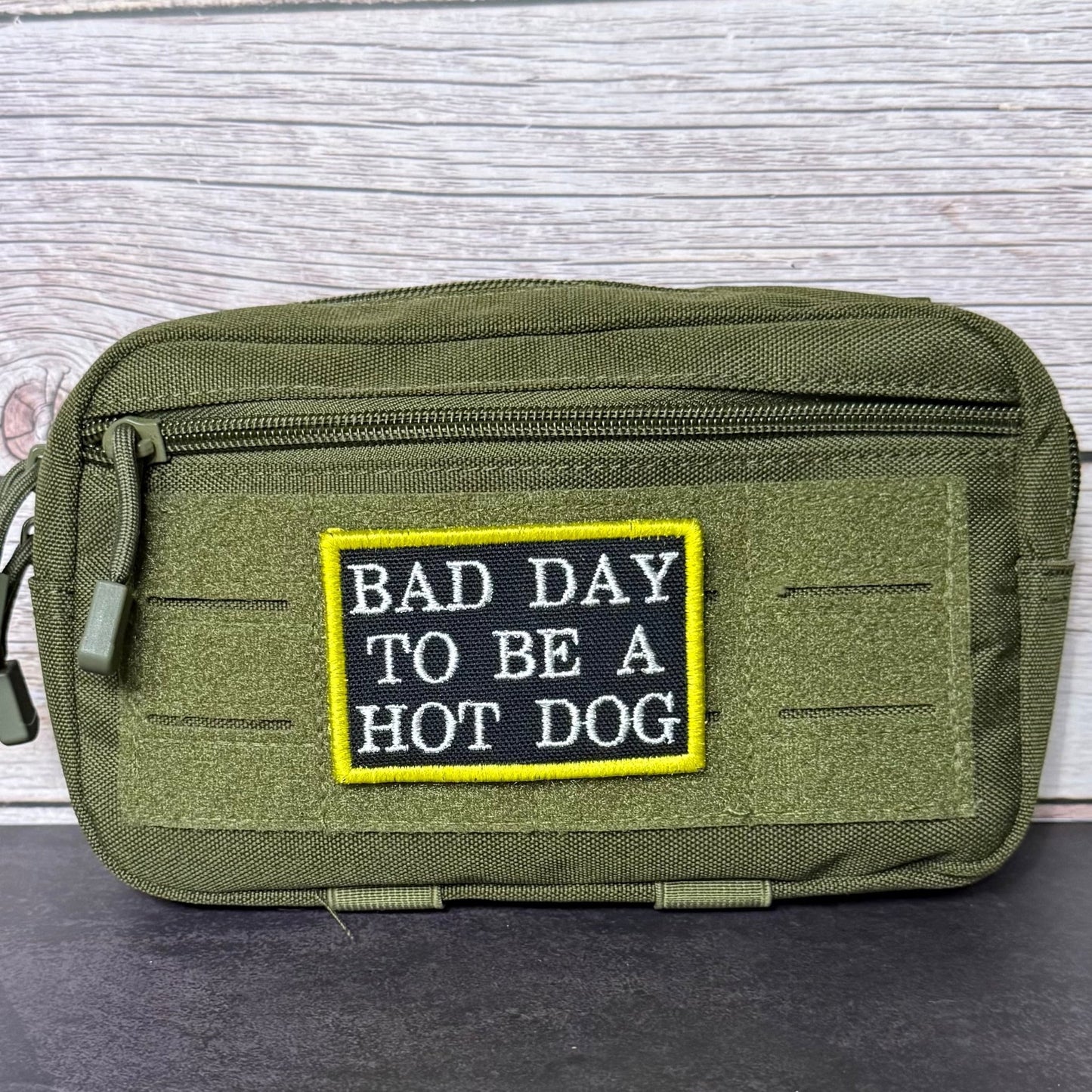 Bad Day To Be A Hot Dog Funny Morale Patch, 2x3" | Made in USA | VELCRO® Brand Hook Backing - LoneStar Adhesive