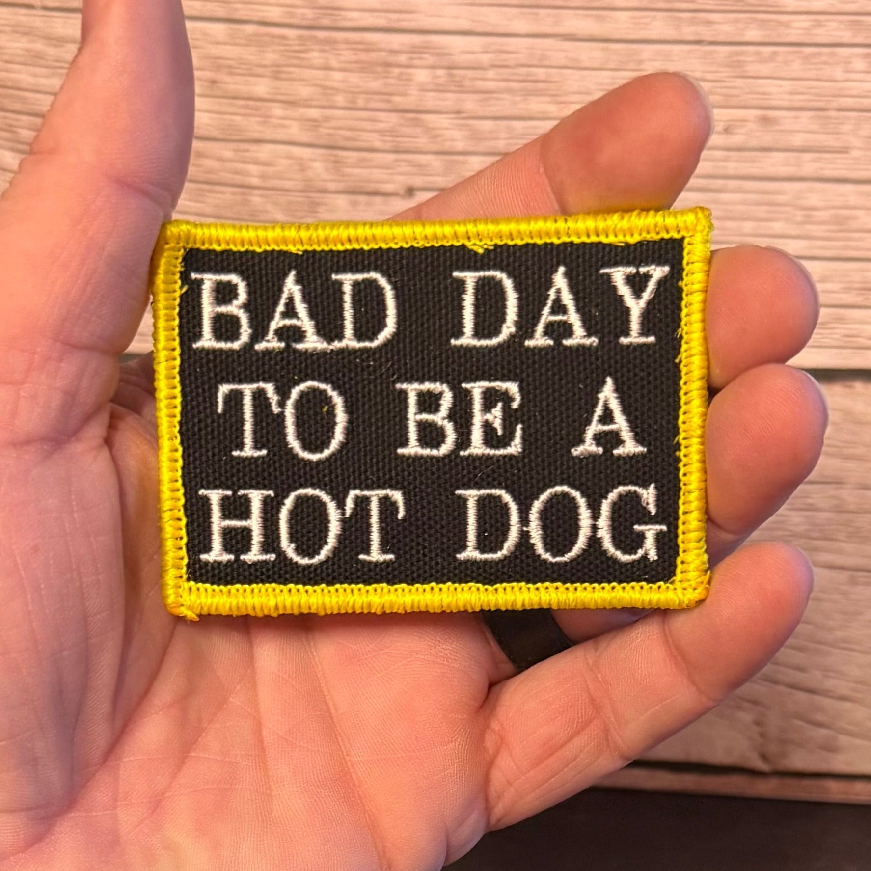 Bad Day To Be A Hot Dog Funny Morale Patch, 2x3" | Made in USA | VELCRO® Brand Hook Backing - LoneStar Adhesive