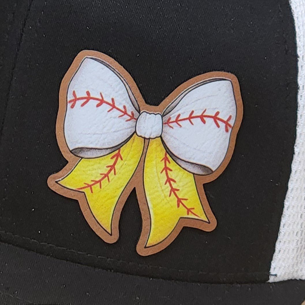 Baseball Softball Bow UV Printed Leatherette Hat Patch - MR01 - LoneStar Adhesive