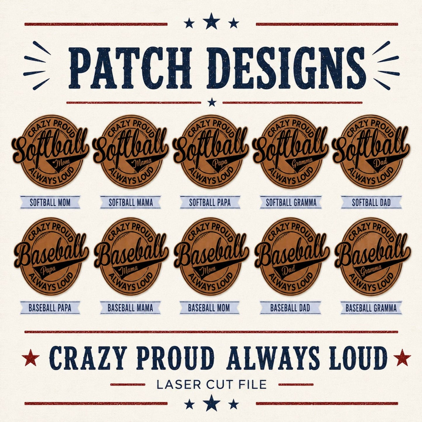 Baseball Softball Patch SVG Bundle, Crazy Proud Always Loud Hat Patch Files, Mom Dad Mama Papa Grandma, Laser Ready SVG XS PNG PDF Digital Download - LoneStar Adhesive