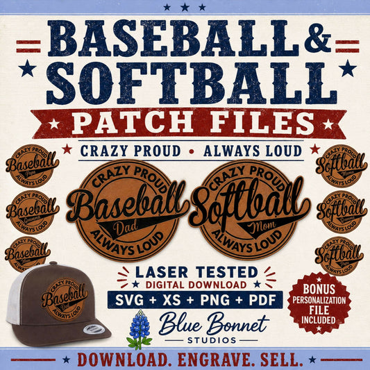 Baseball Softball Patch SVG Bundle, Crazy Proud Always Loud Hat Patch Files, Mom Dad Mama Papa Grandma, Laser Ready SVG XS PNG PDF Digital Download - LoneStar Adhesive