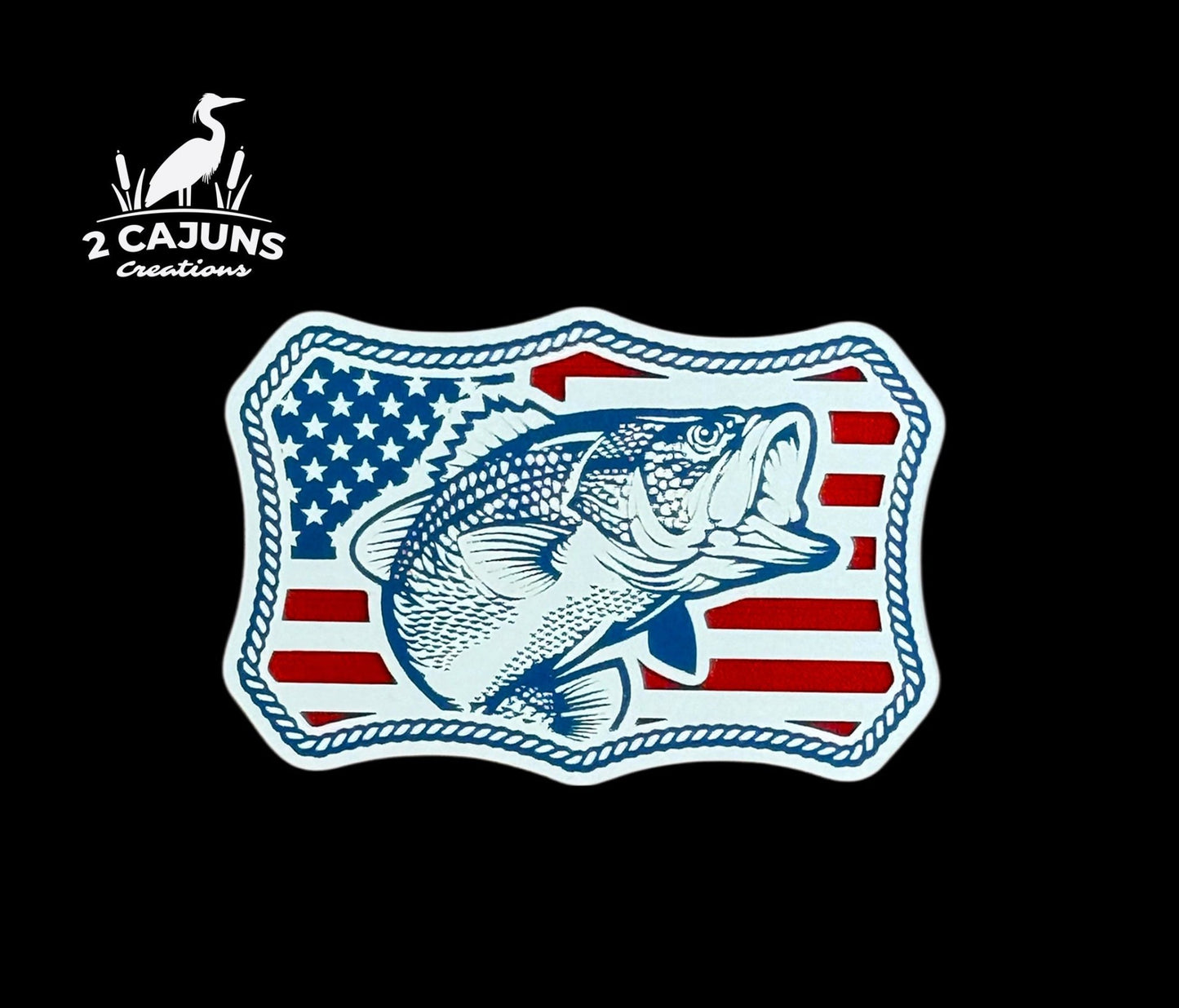 Bass on American Flag Buckle Style Patriotic Red White and Blue Acrylic Patch - LoneStar Adhesive