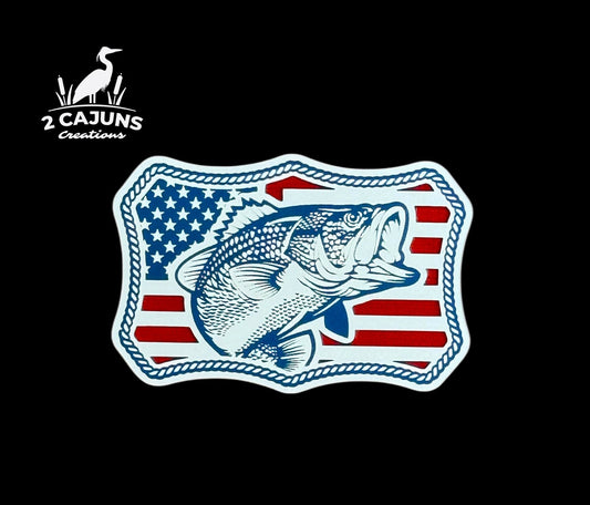 Bass on American Flag Buckle Style Patriotic Red White and Blue Acrylic Patch - LoneStar Adhesive