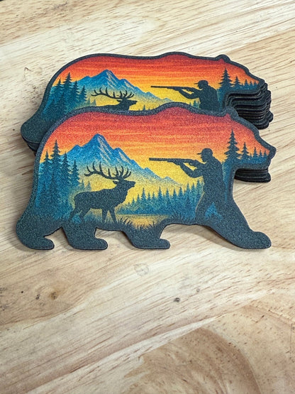Bear Silhouette Hunting Scene UV Printed Patch - LoneStar Adhesive