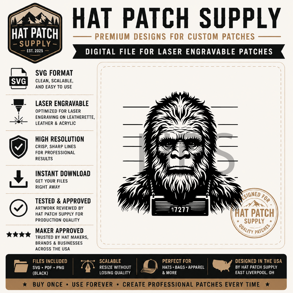 Bigfoot Hat Patch SVG Bundle – 17 Laser Ready Sasquatch Designs | Funny Bigfoot SVG Digital Download - LoneStar Adhesive