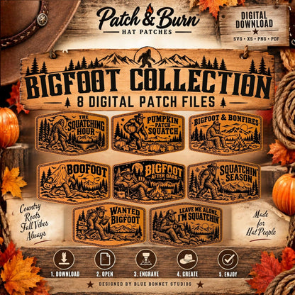 Bigfoot Hat Patch SVG Bundle | 8 Sasquatch Fall Halloween Laser Engraving Designs | Western Leatherette Patch Files | Patch & Burn - #LoneStar Adhesive#