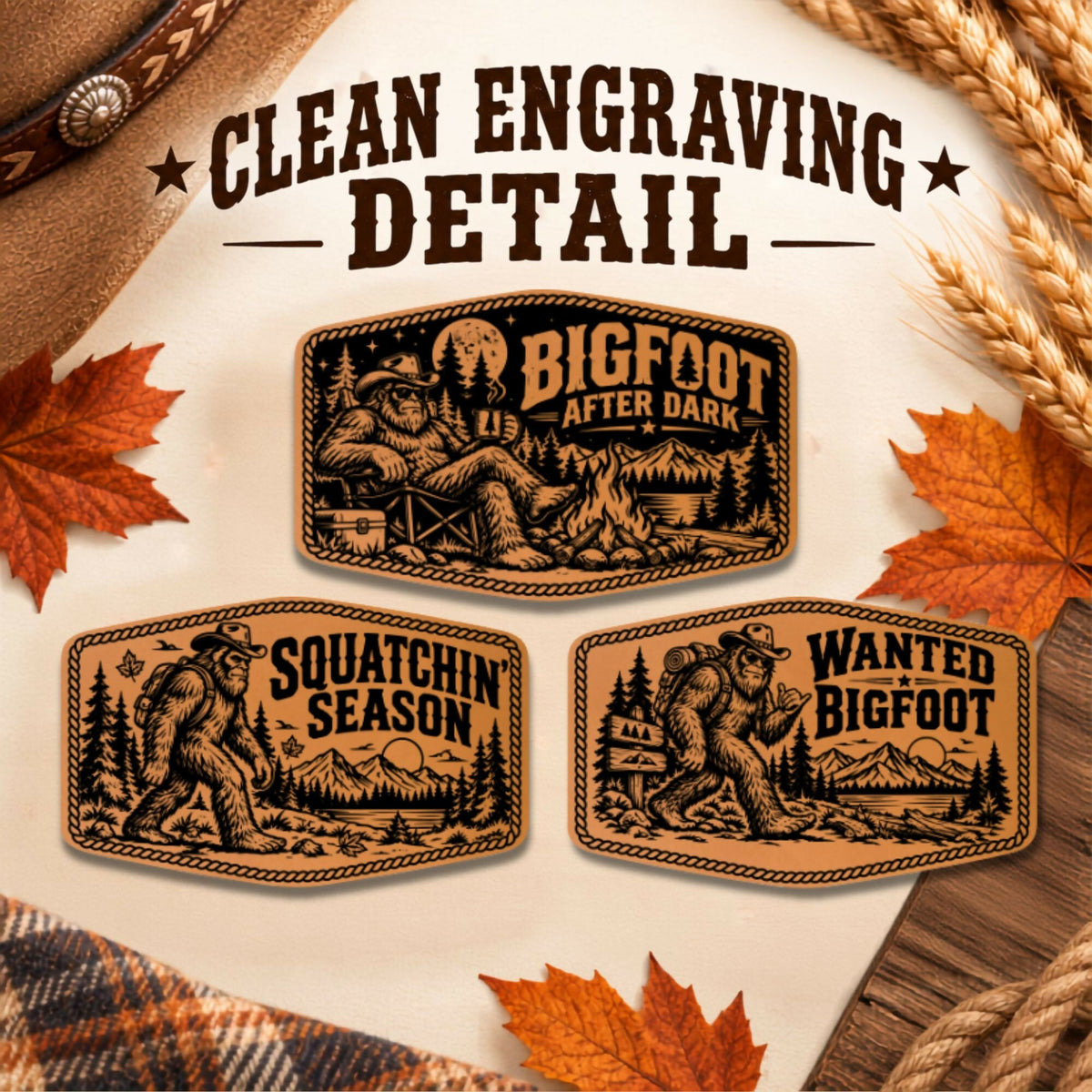 Bigfoot Hat Patch SVG Bundle | 8 Sasquatch Fall Halloween Laser Engraving Designs | Western Leatherette Patch Files | Patch & Burn - #LoneStar Adhesive#