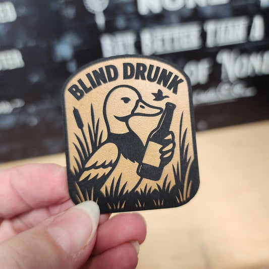 Blind Drunk Duck (Saddle Tan) Engraved Leatherette Hat Patch - MR01 - LoneStar Adhesive