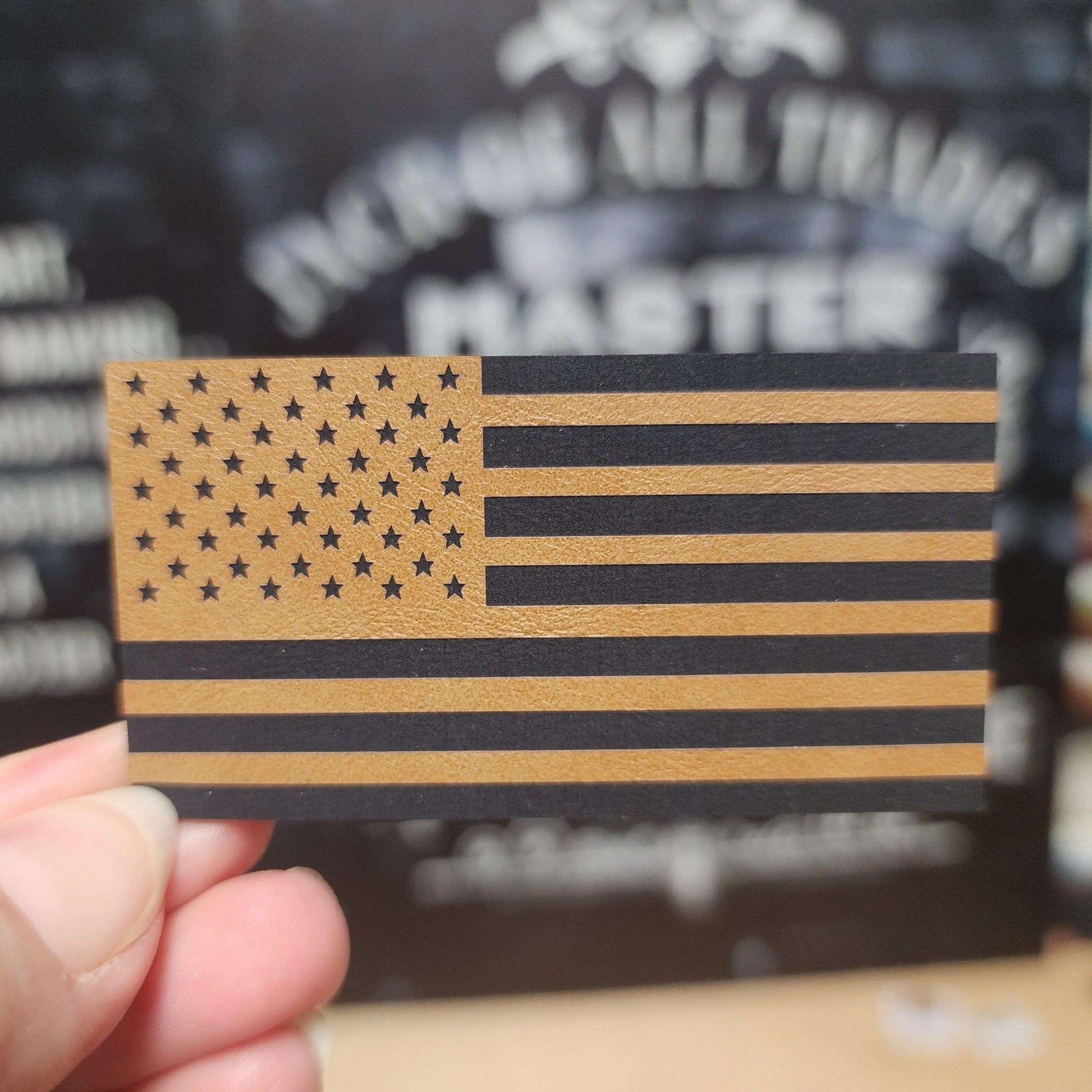 Bold American Flag (Saddle Tan) Engraved Leatherette Hat Patch - MR01 - LoneStar Adhesive