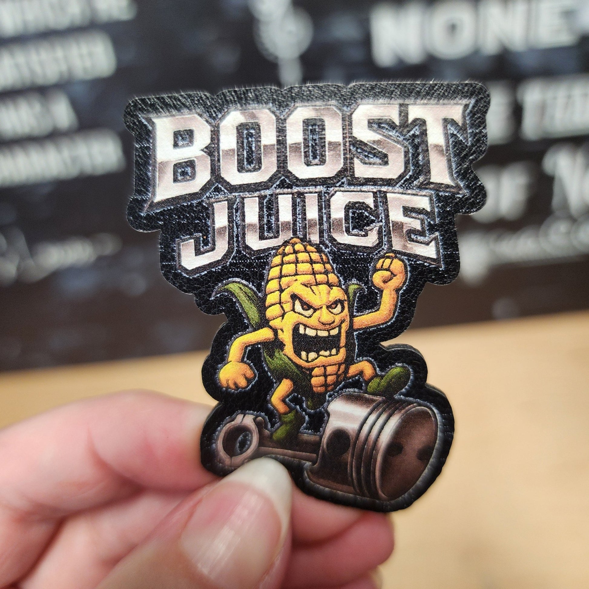 Boost Juice Corn Car Racing UV Printed Leatherette Hat Patch - MR01 - LoneStar Adhesive