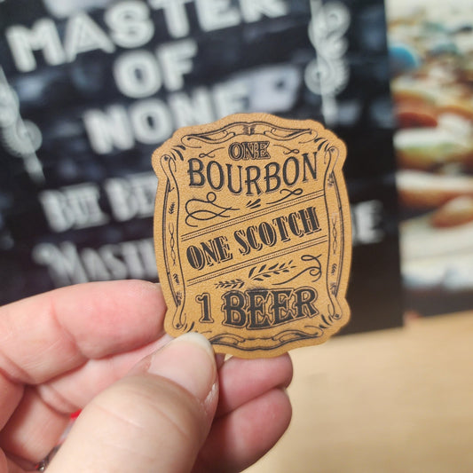 Bourbon, Scotch, and Beer (Saddle Tan) Engraved Leatherette Hat Patch - MR01 - LoneStar Adhesive