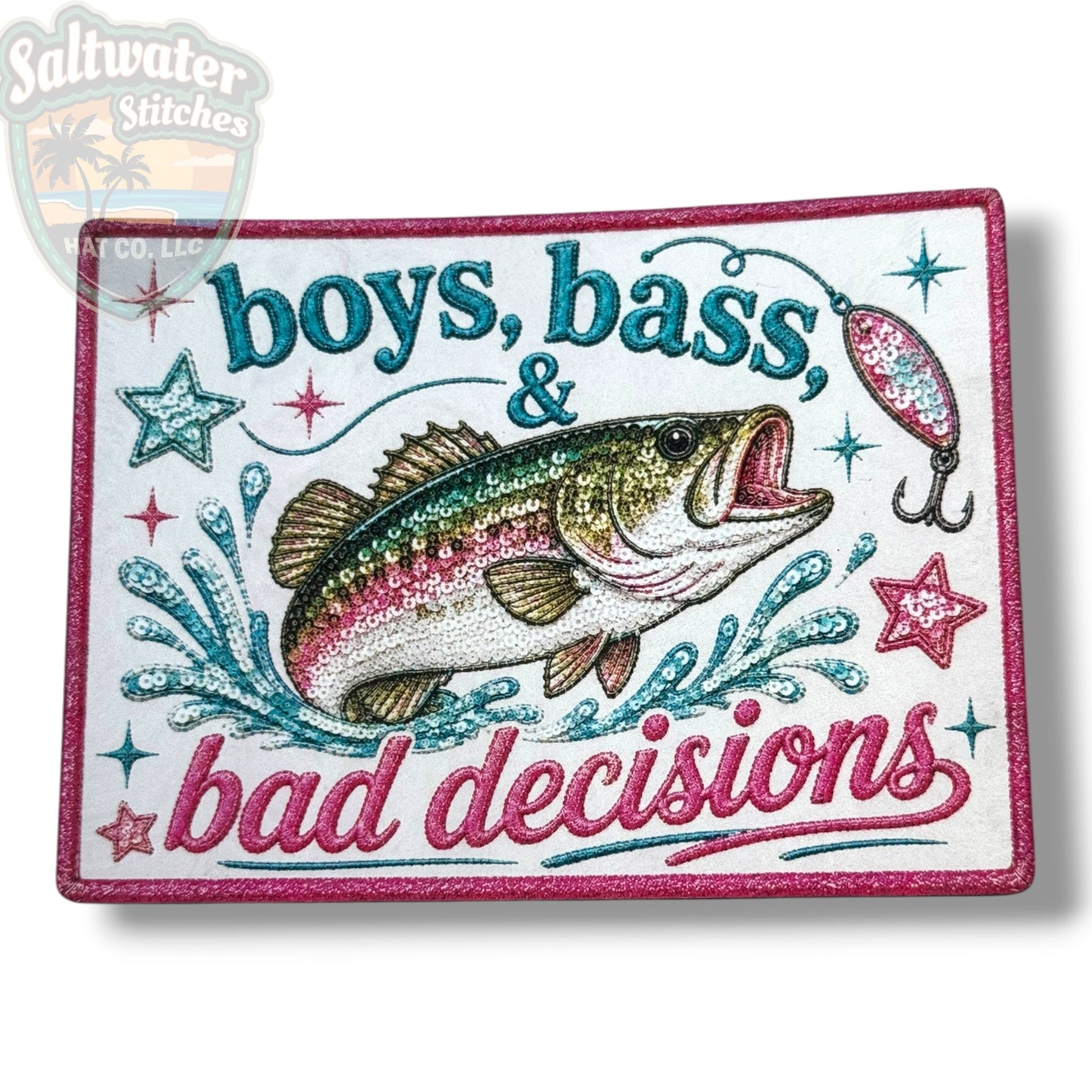 Boys, Bass & Bad Decisions UV Printed Embroidery Look Patch - LoneStar Adhesive