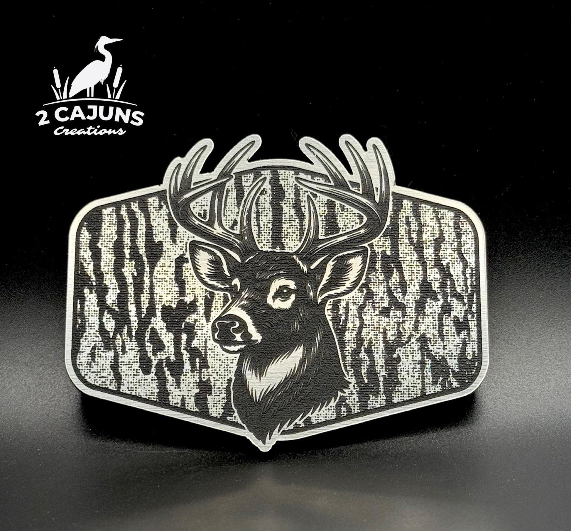 Buck Deer on Tree Bark Design Dual Layer Stainless Black Acrylic Hat Patch - LoneStar Adhesive