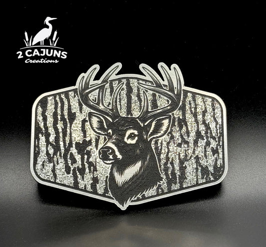 Buck Deer on Tree Bark Design Dual Layer Stainless Black Acrylic Hat Patch - LoneStar Adhesive