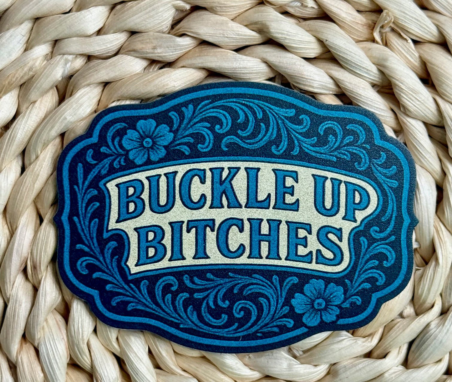 Buckle Up Tooled Look Buckle Style UV Printed Leatherette Hat Patch - LoneStar Adhesive