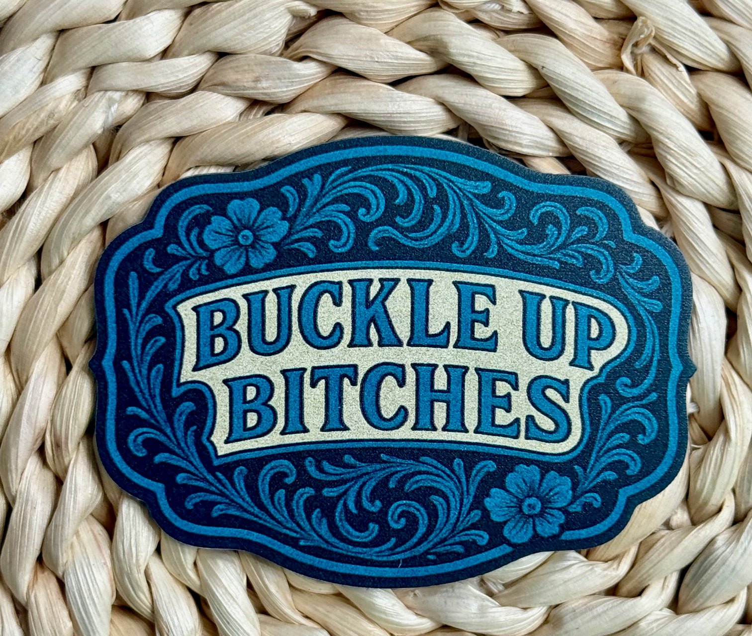 Buckle Up Tooled Look Buckle Style UV Printed Leatherette Hat Patch - LoneStar Adhesive