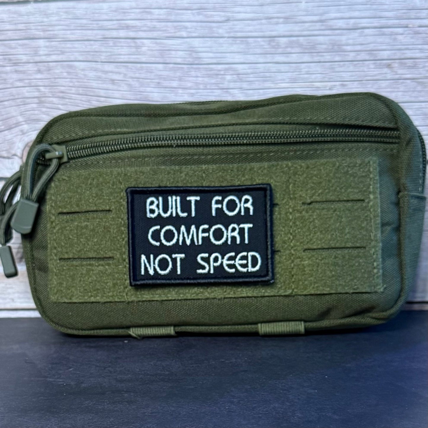 Built For Comfort, Not Speed Funny Morale Patch, 2x3" | Made in USA | VELCRO® Brand Hook Backing - LoneStar Adhesive