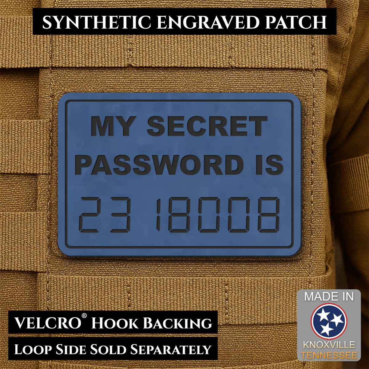 Front design and hook backing of Calculator Boobies Old School patch in indigo blue