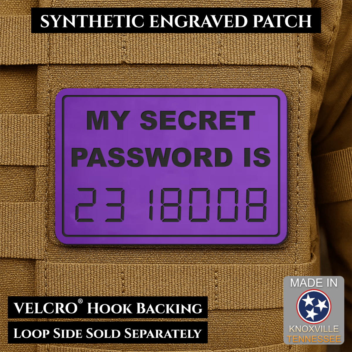 Front design and hook backing of Calculator Boobies Old School patch in purple