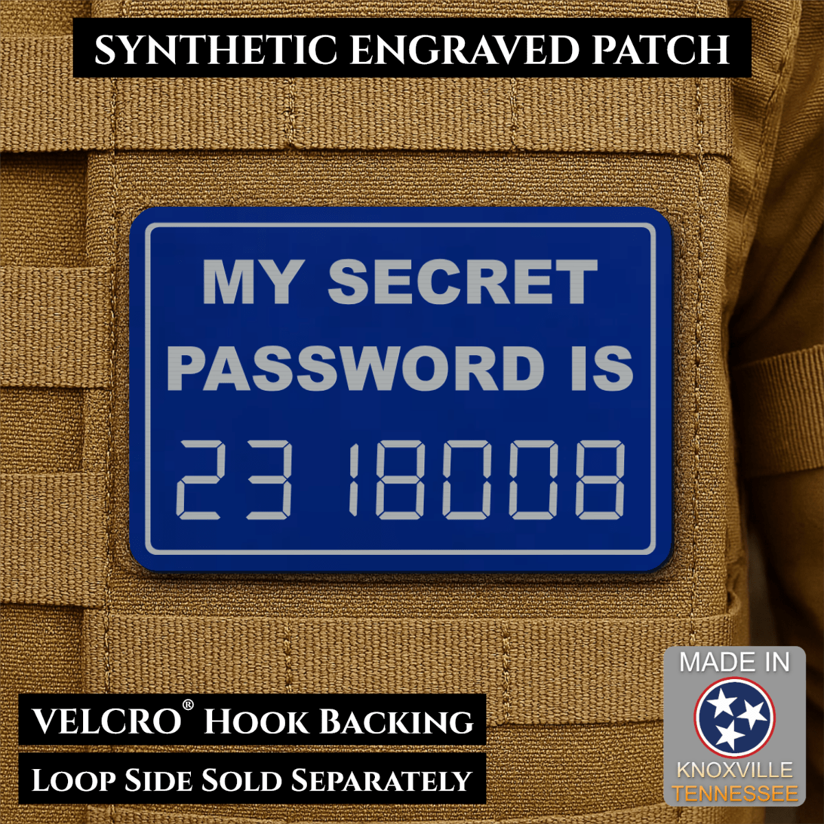 Front design and hook backing of Calculator Boobies Old School patch in blue / silver