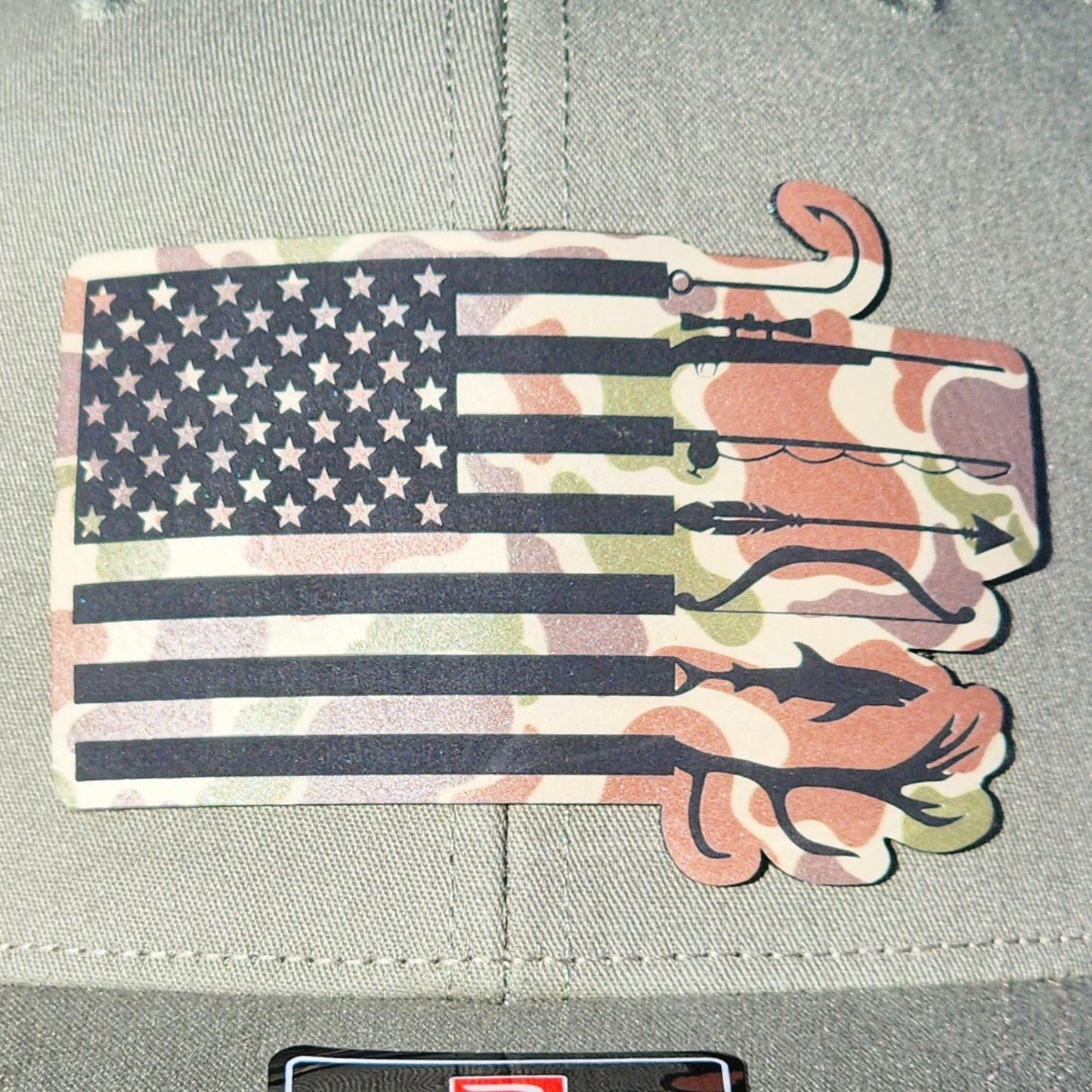 Camo American Flag (Fowl Play) Engraved Leatherette Hat Patch - MR01 - LoneStar Adhesive