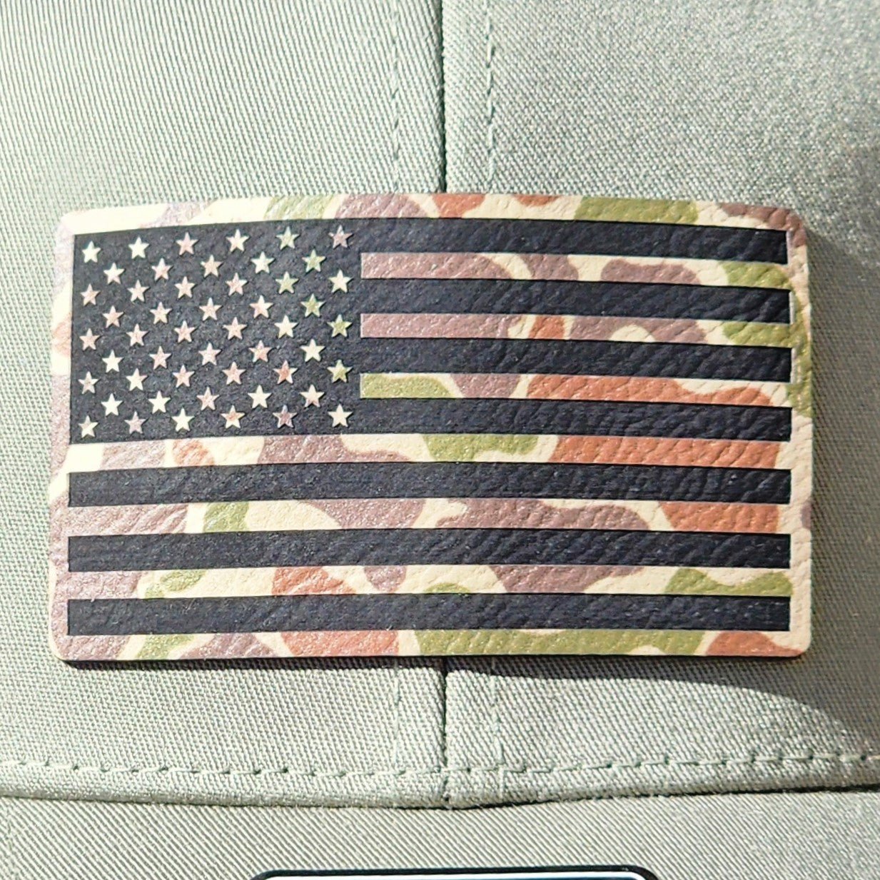 Camo American Flag (Fowl Play) Engraved Leatherette Hat Patch - MR01 - LoneStar Adhesive