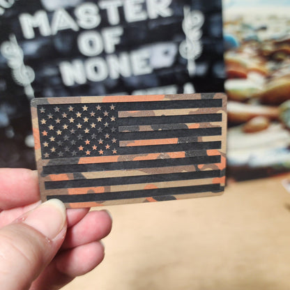 Camo American Flag (Orange Camo) Engraved Leatherette Hat Patch - MR01 - LoneStar Adhesive