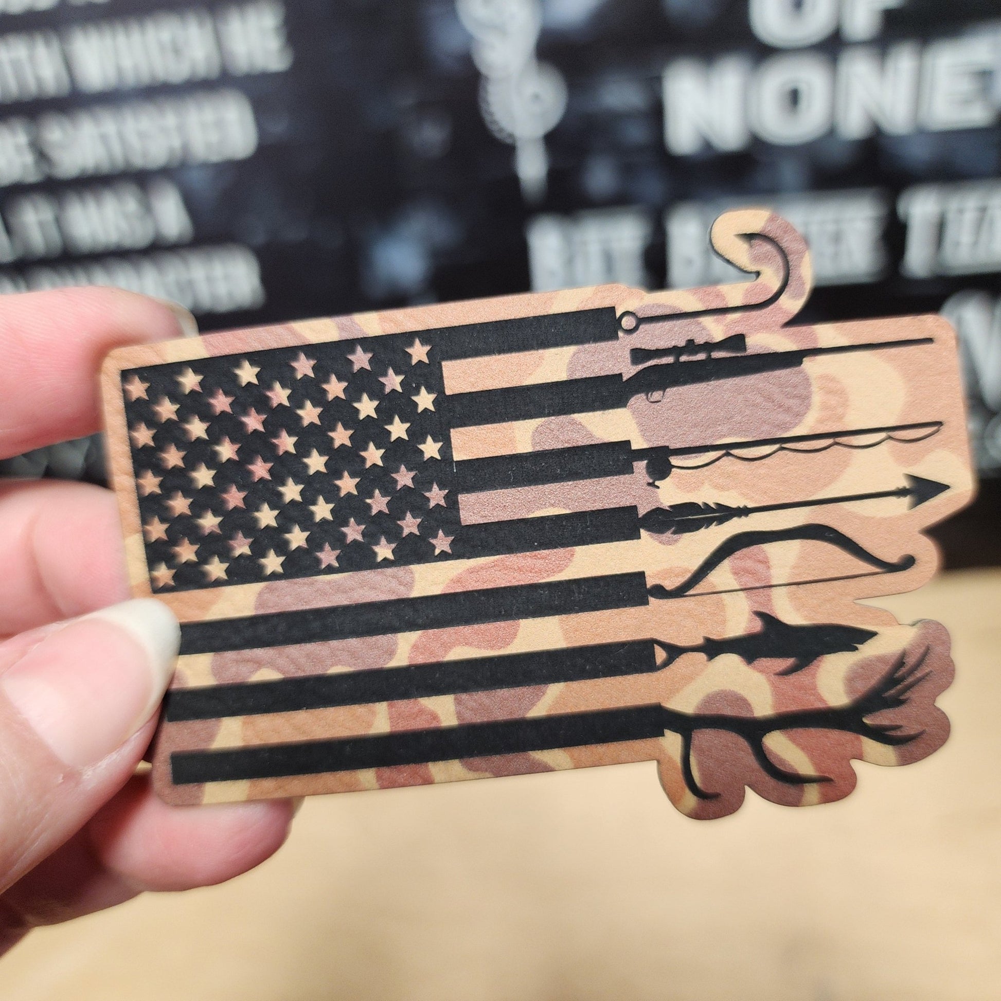 Camo Flag with Weapons Engraved Leatherette Hat Patch - MR01 - LoneStar Adhesive