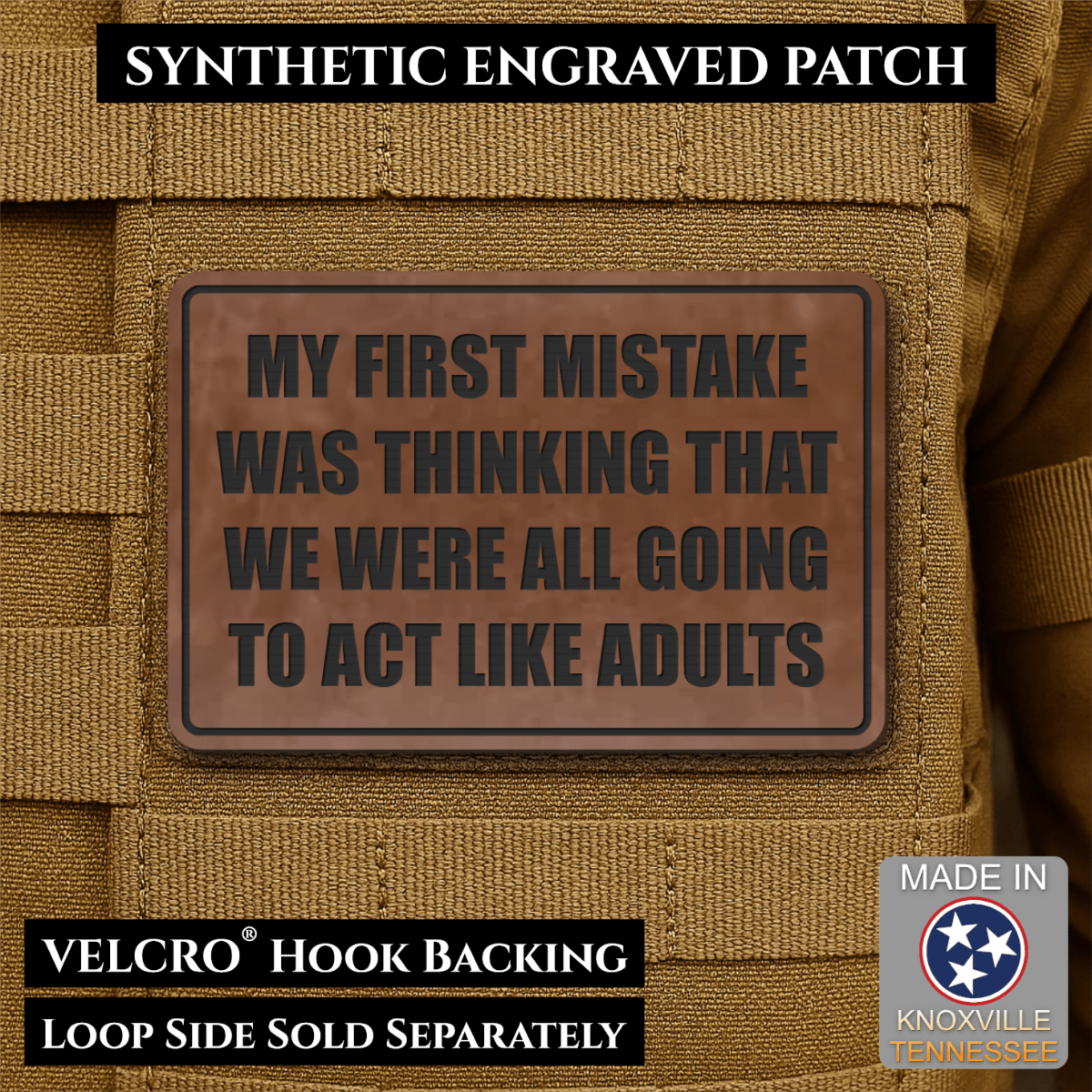 Front design and hook backing of Can We Act Like Adults patch in walnut faux leather