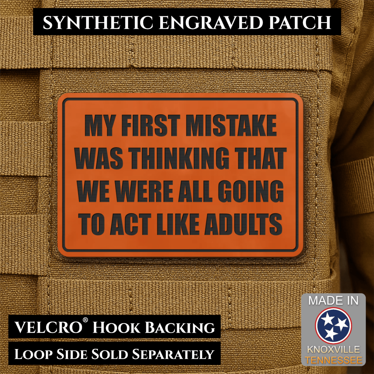 Front design and hook backing of Can We Act Like Adults patch in orange