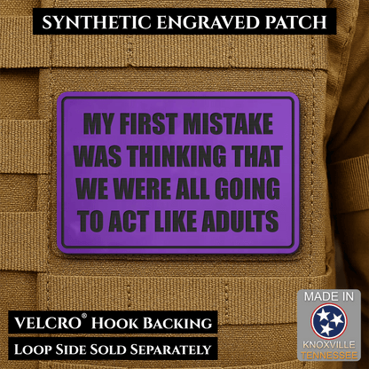 Front design and hook backing of Can We Act Like Adults patch in purple