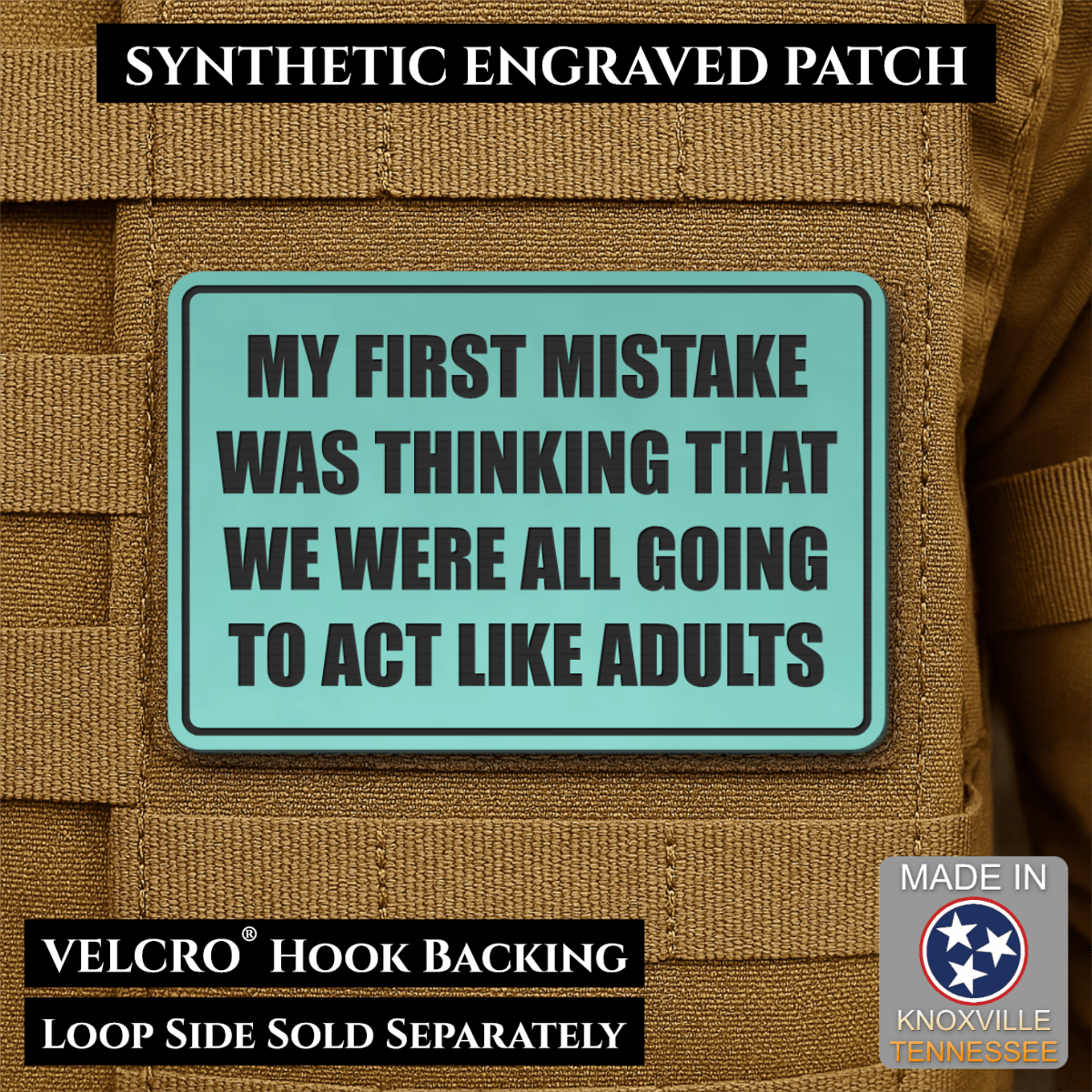 Front design and hook backing of Can We Act Like Adults patch in seafoam