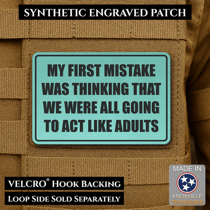 Front design and hook backing of Can We Act Like Adults patch in seafoam