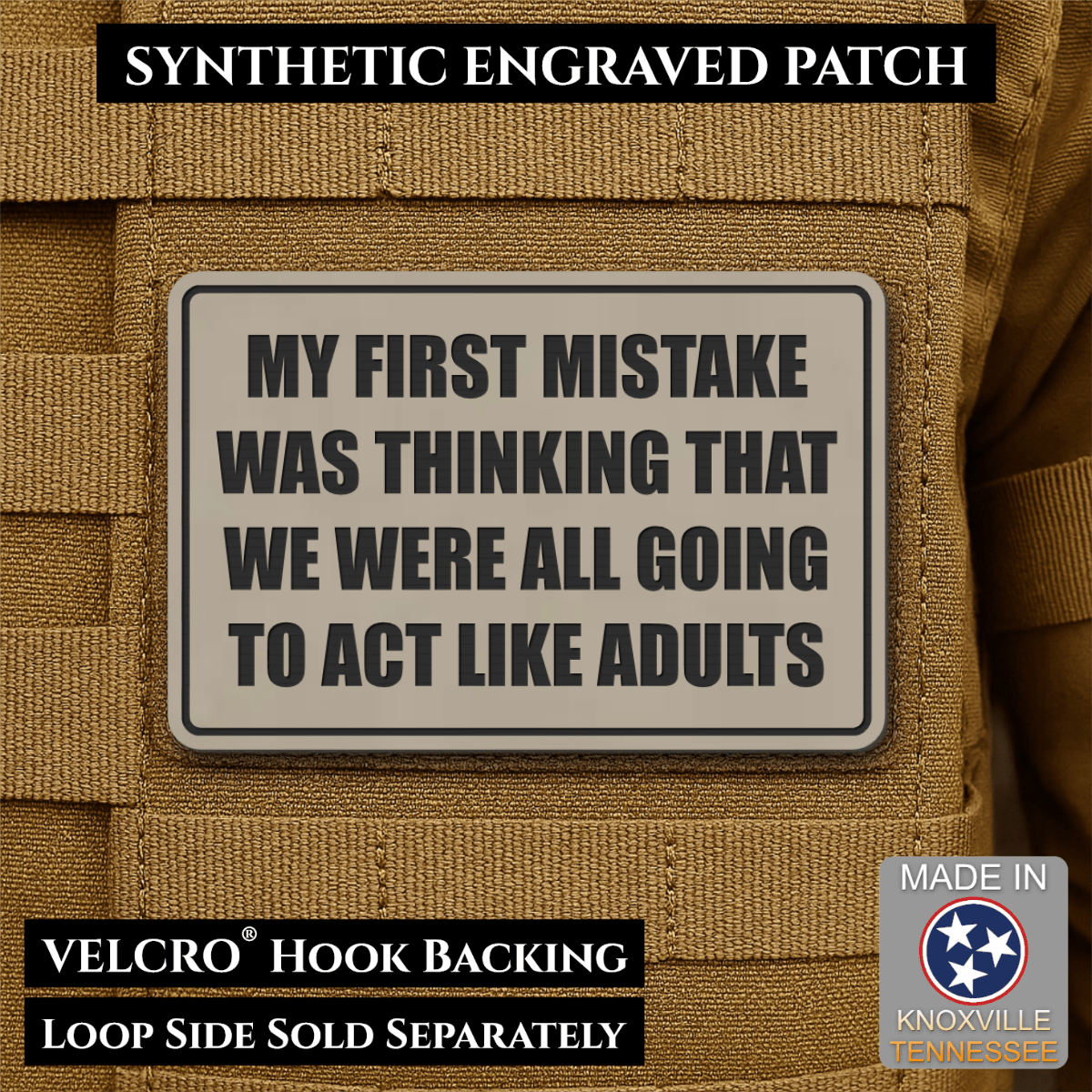 Front design and hook backing of Can We Act Like Adults patch in sand (light tan)