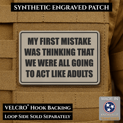 Front design and hook backing of Can We Act Like Adults patch in sand (light tan)