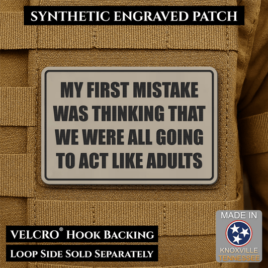 Front design and hook backing of Can We Act Like Adults patch in sand (light tan)